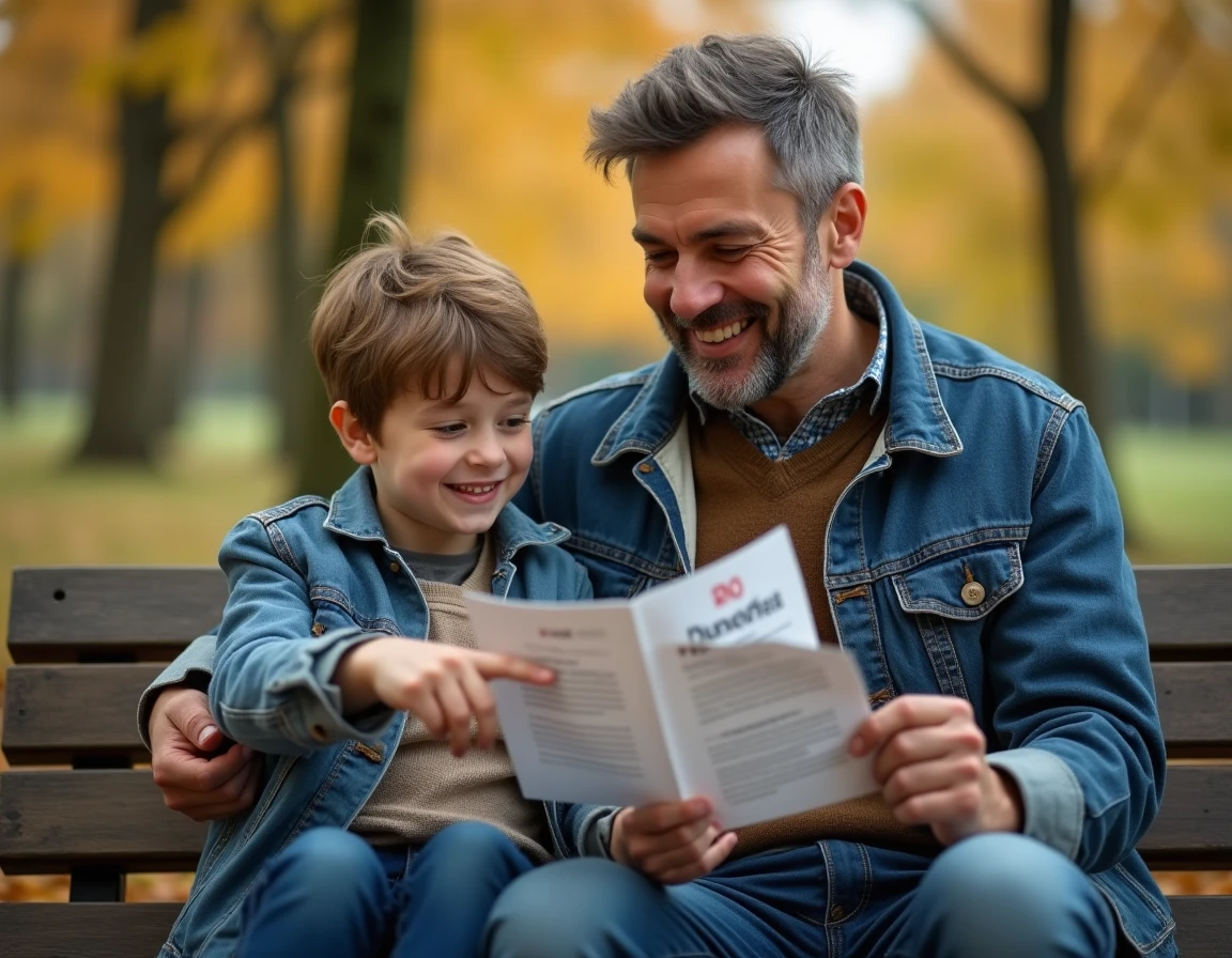 Père et fils lisant un dépliant sur les avantages familiaux du comité d'entreprise GMF dans un parc