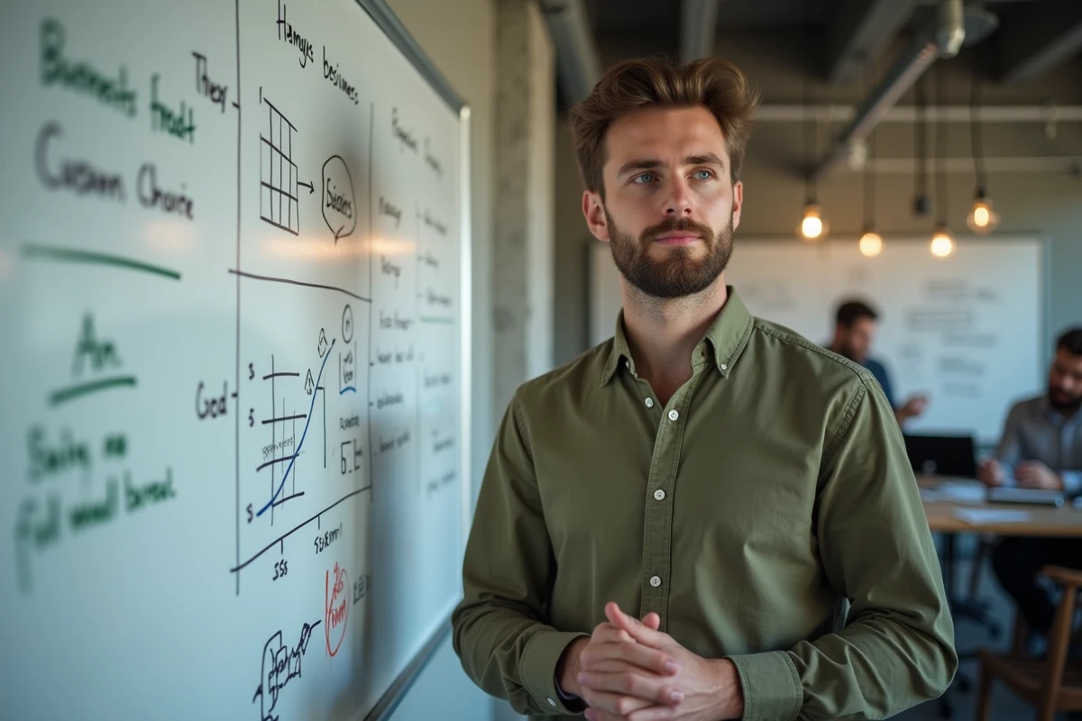 Jeune entrepreneur présentant un plan d'affaires à faible coût sur un tableau blanc dans un espace de coworking