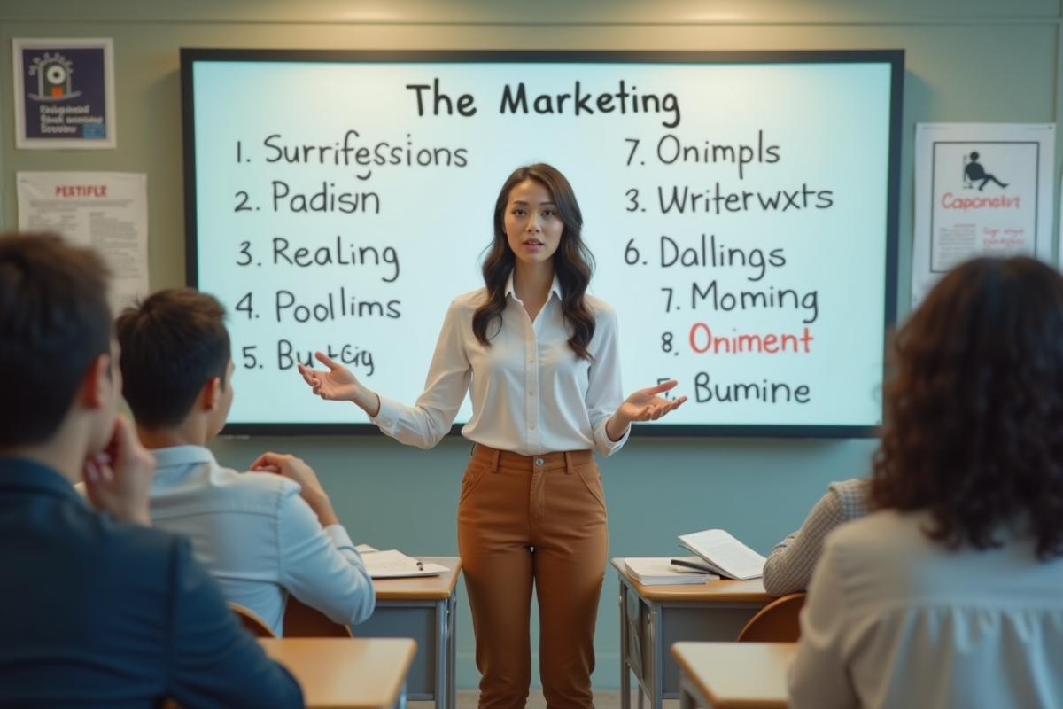 Jeune femme expliquant les 14 Ps du marketing en classe