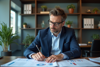 Homme d'affaires en costume bleu examine un rapport isoé