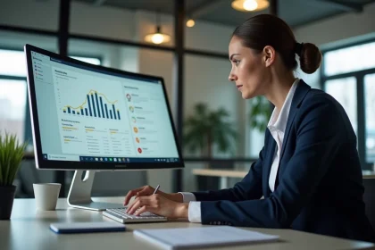 Professionnelle analysant une stratégie marketing digitale sur un écran avec des tableaux de bord analytiques dans un open space moderne