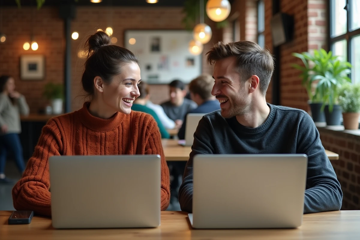 Deux professionnels de la communication comparant des plateformes d'outreach médiatique dans un espace de coworking
