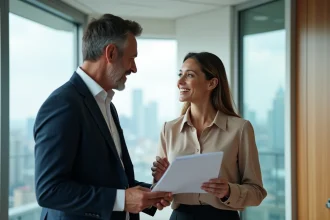 Deux professionnels en réunion dans une salle moderne