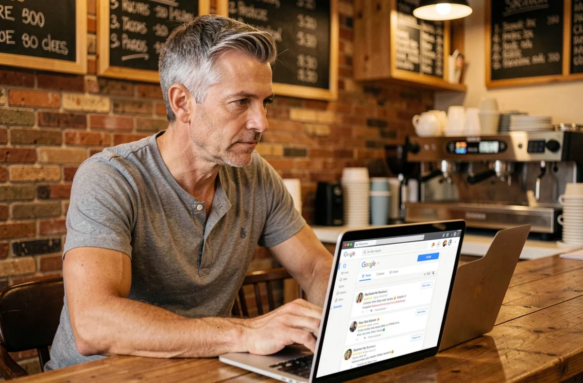 Propriétaire de café gérant ses avis Google et sa présence en ligne depuis son établissement