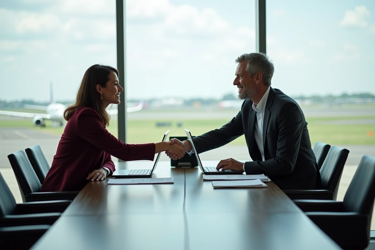 Deux professionnels scellant un accord international dans un salon d'affaires d'a&eacute;roport avec vue sur la piste