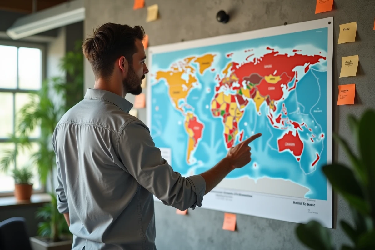 Manager analysant une carte internationale et des plannings de projets mondiaux dans un bureau open-space moderne