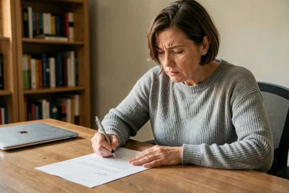 Femme rédigeant une lettre de dénonciation anonyme à son bureau à domicile