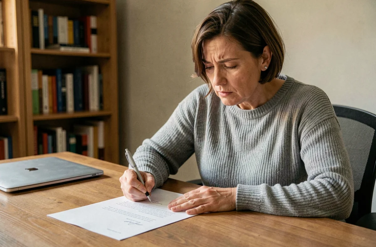 Femme rédigeant une lettre de dénonciation anonyme à son bureau à domicile