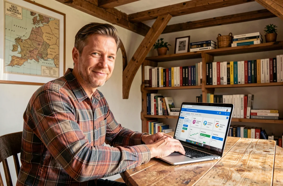 Consultant référenceur normand indépendant travaillant sur une stratégie SEO locale depuis son bureau au décor normand typique