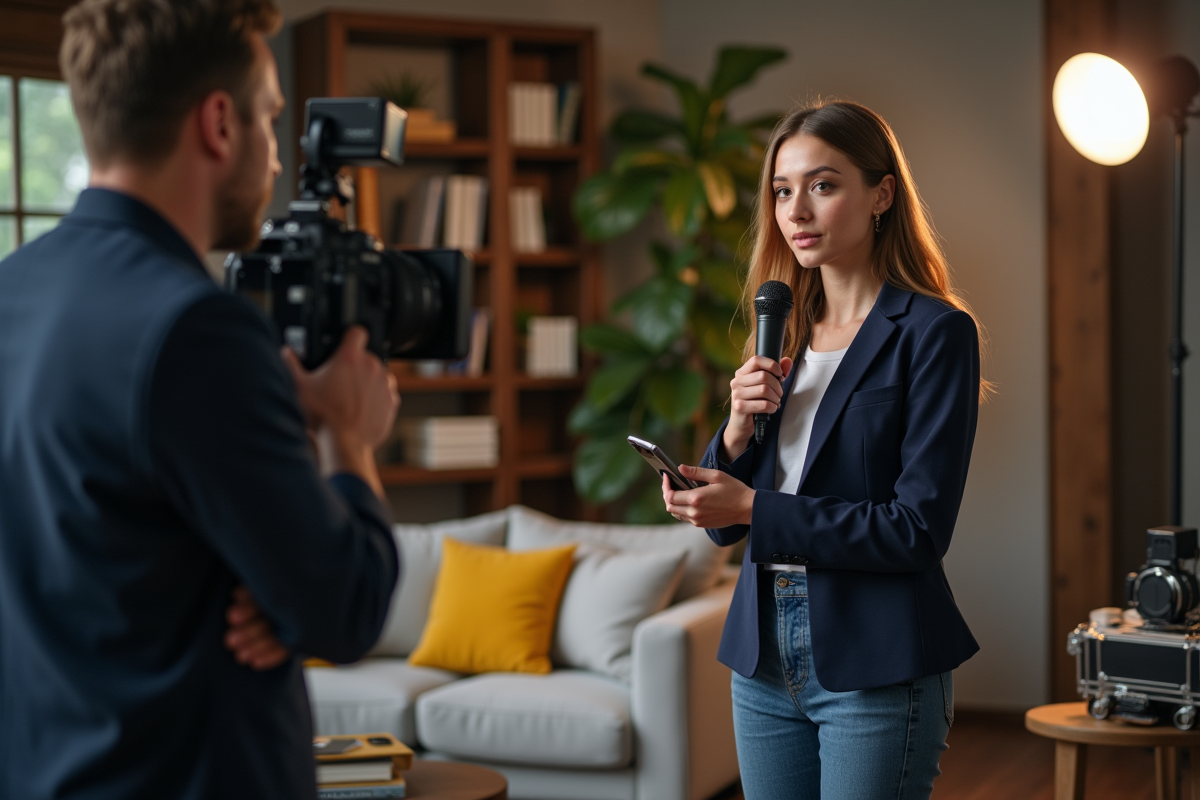 Jeune femme dirigeant une scène de tournage en studio