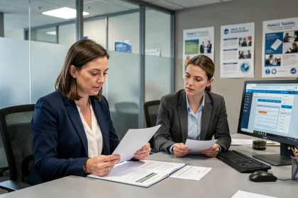 Demandeuse d'emploi en rendez-vous conseil avec un conseiller France Travail dans une agence moderne en 2026