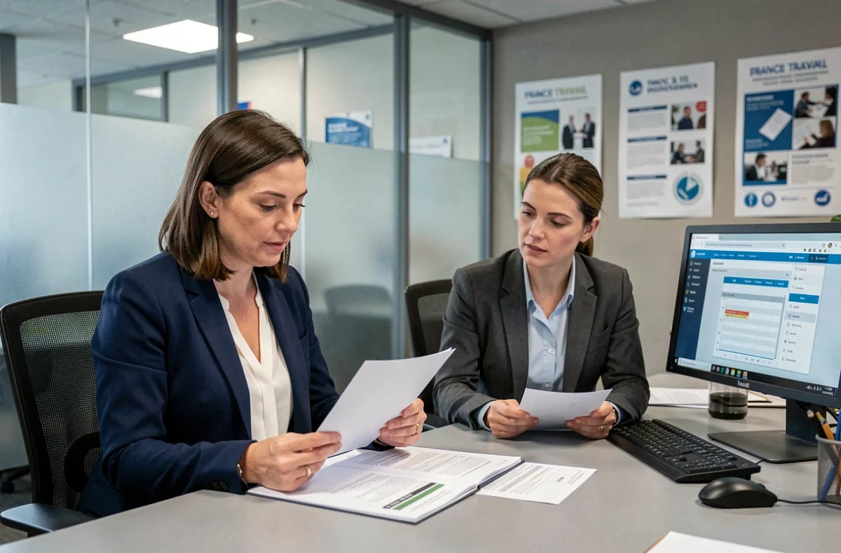 Demandeuse d'emploi en rendez-vous conseil avec un conseiller France Travail dans une agence moderne en 2026