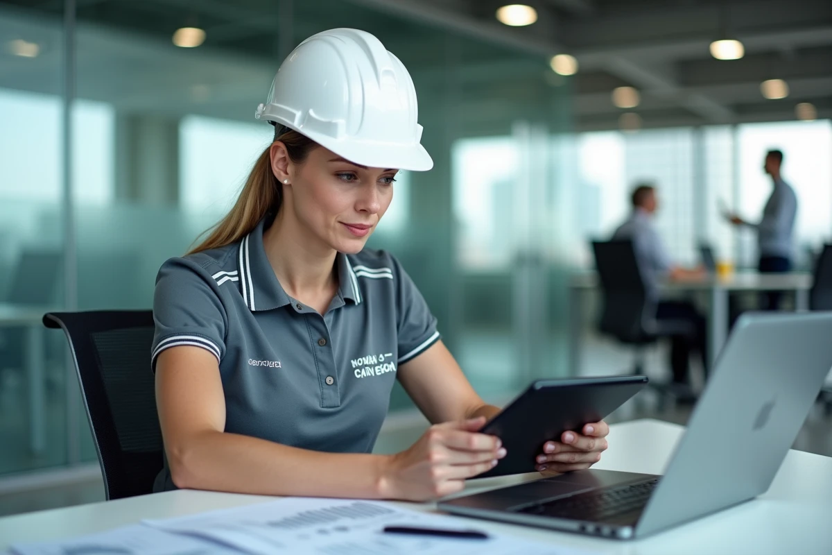 Responsable maintenance féminine consultant un tableau de bord digital de gestion des interventions sur tablette au bureau