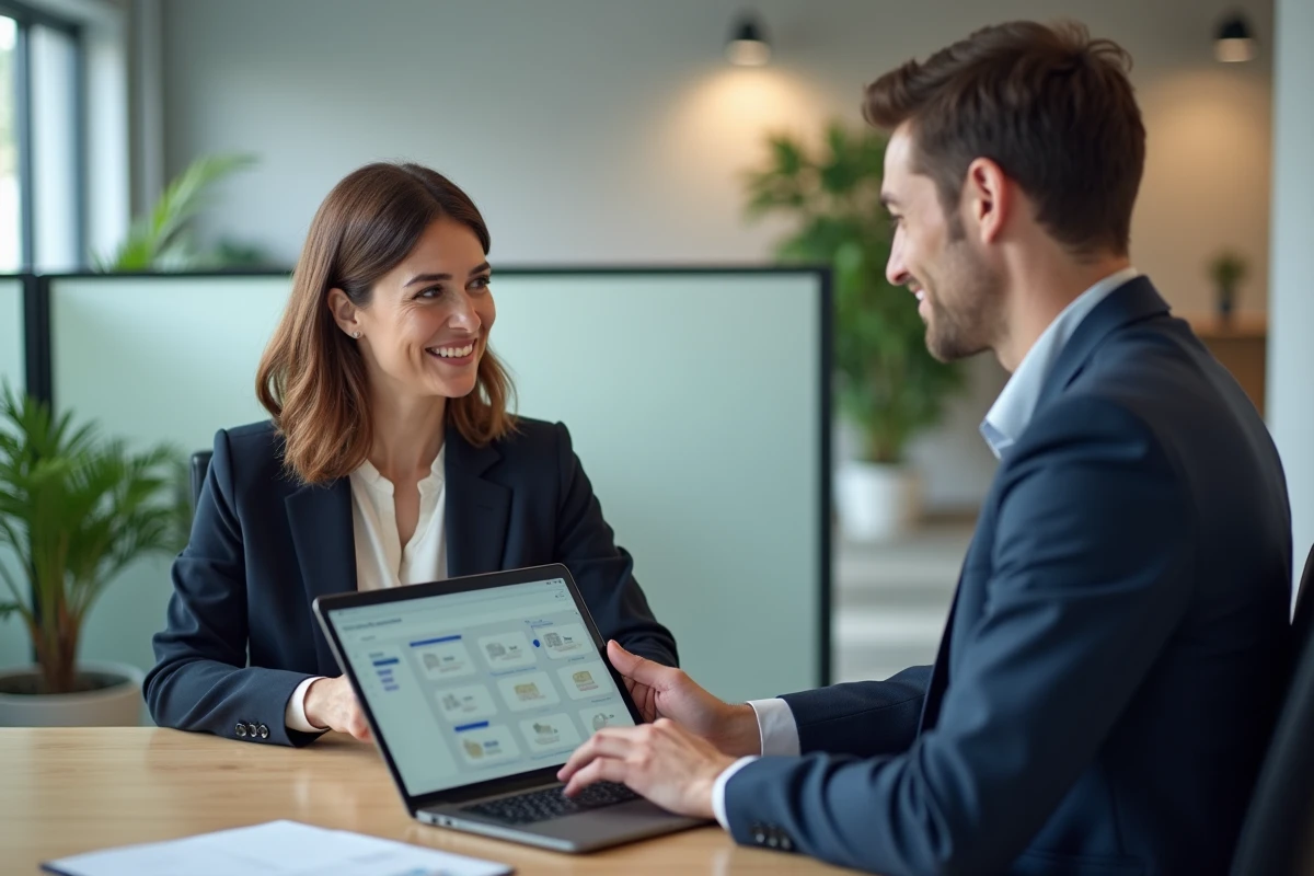 Responsable RH guidant un salarié pour configurer ses accès sur un logiciel RH en open space