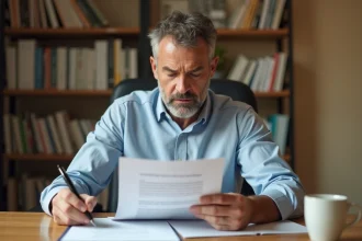 Homme lisant attentivement un devis signé avec acompte à son bureau, cherchant des clauses abusives dans le contrat