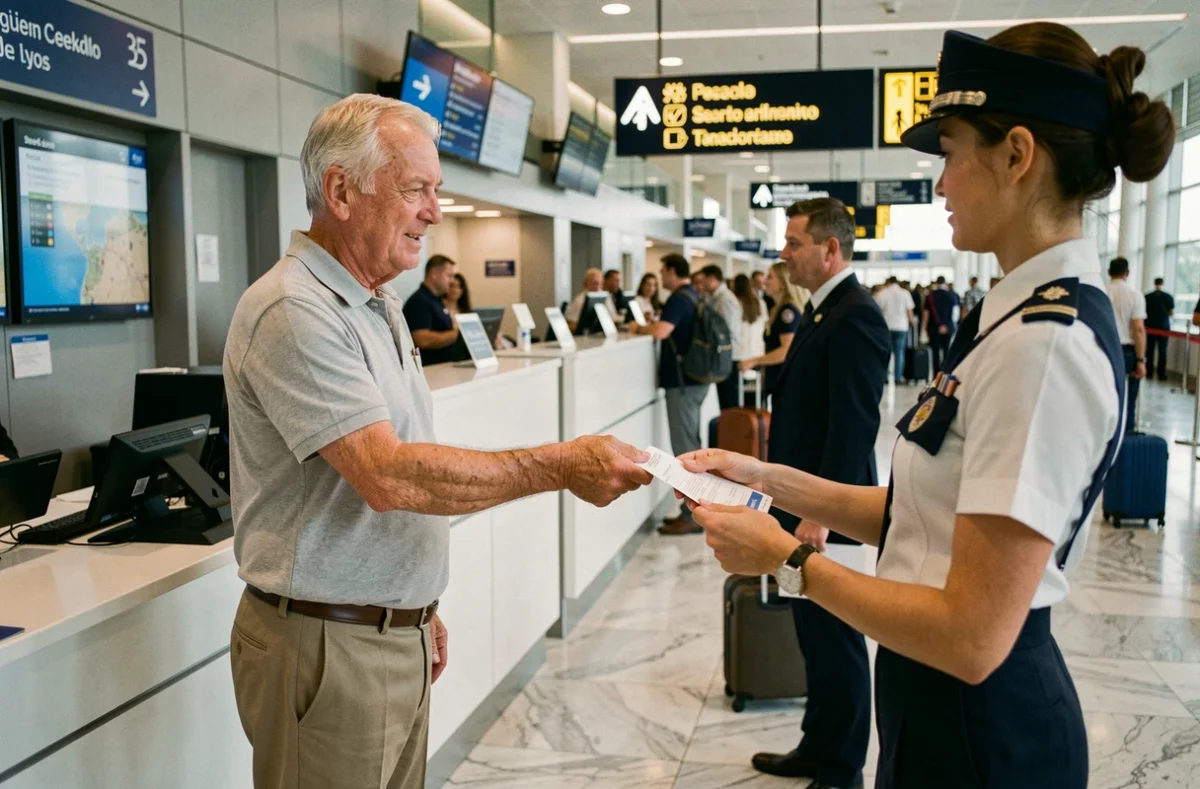 Retraité Air France utilisant ses avantages GPnet à l'enregistrement dans un aéroport international