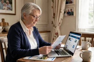 Retraitée Air France consultant ses avantages voyage GPnet sur un ordinateur portable à domicile