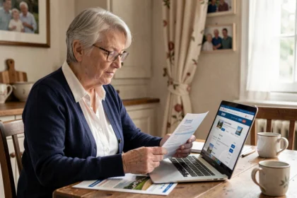 Retraitée Air France consultant ses avantages voyage GPnet sur un ordinateur portable à domicile
