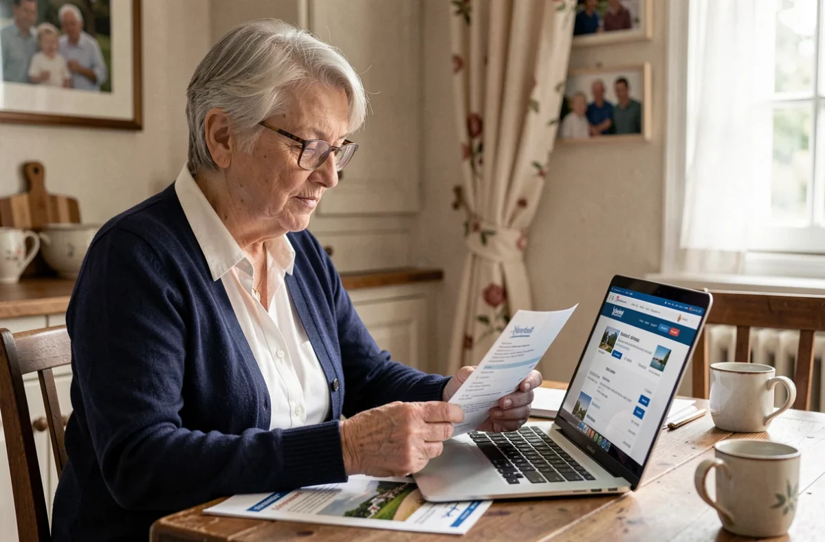 Retraitée Air France consultant ses avantages voyage GPnet sur un ordinateur portable à domicile