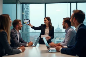 Groupe de professionnels en réunion autour d'une table moderne