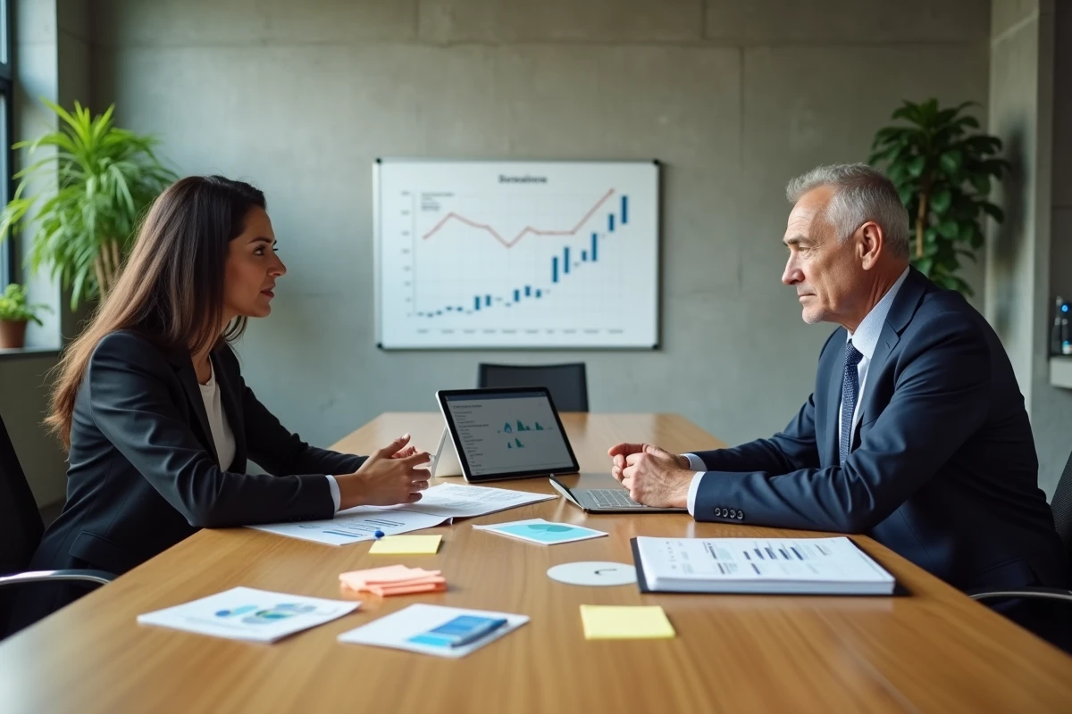 Deux professionnels en r&eacute;union d'affaires analysant des graphiques financiers et &eacute;valuant les risques d'investissement