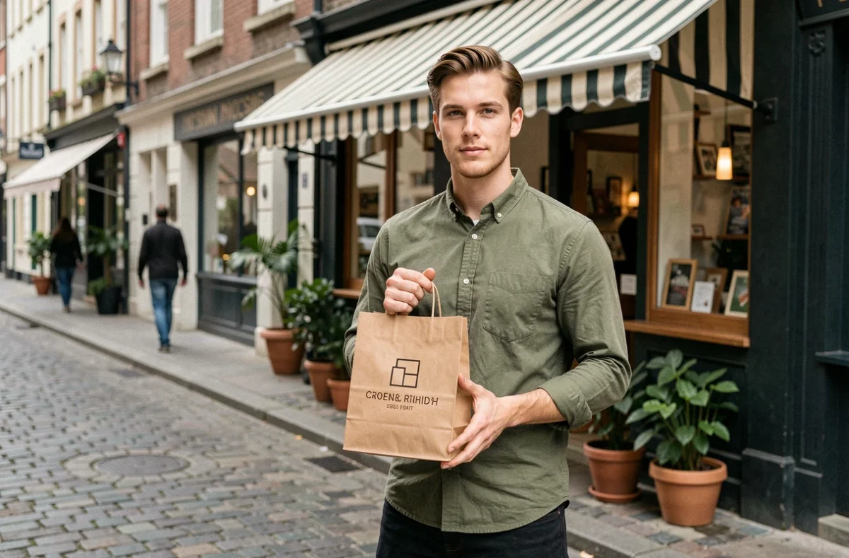 Jeune homme tenant un sac papier kraft personnalisé devant une petite boutique de commerce local en rue piétonne
