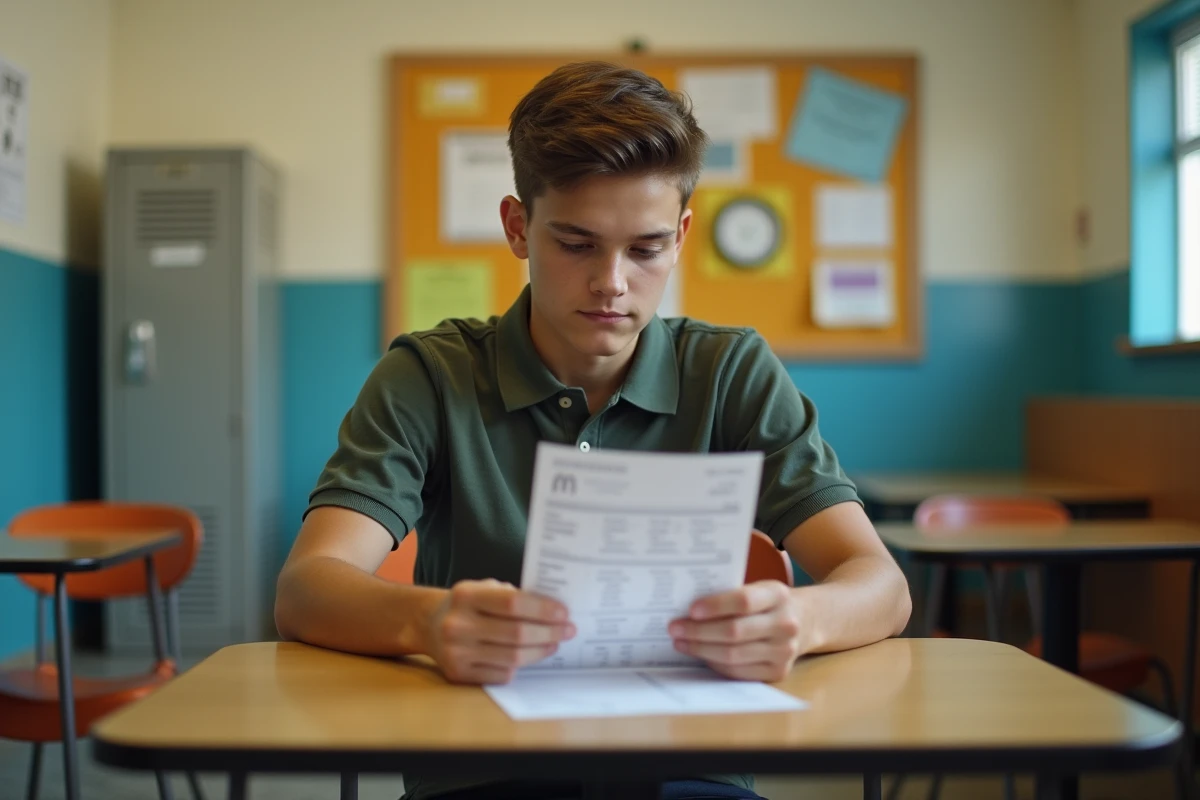 Jeune salarié de 16 ans consultant sa fiche de paie dans la salle de pause d'un fast-food