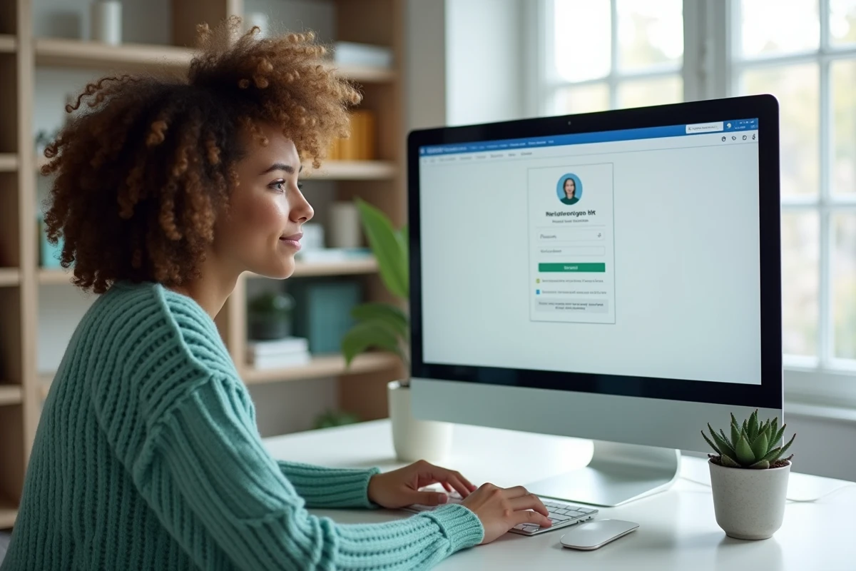 Salariée accédant à son espace personnel RH depuis son bureau à domicile en toute autonomie