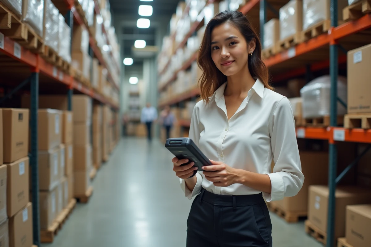 Jeune femme scannant des colis dans un entrepôt organisé