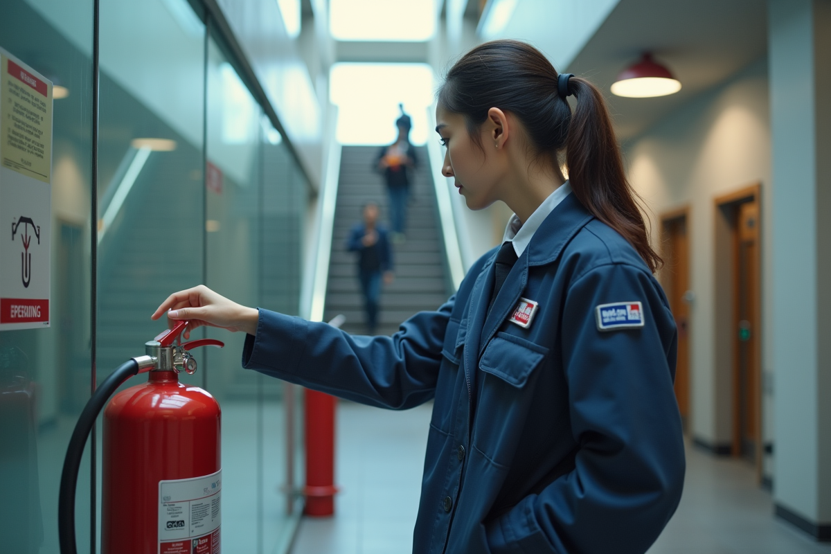 Vigile vérifiant un extincteur dans une bibliothèque