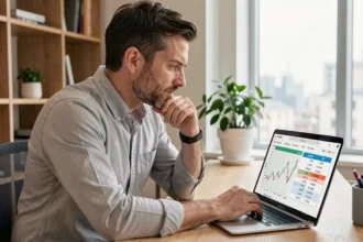 Homme consultant un simulateur TVS 2026 sur ordinateur portable pour comparer achat et LLD de véhicule