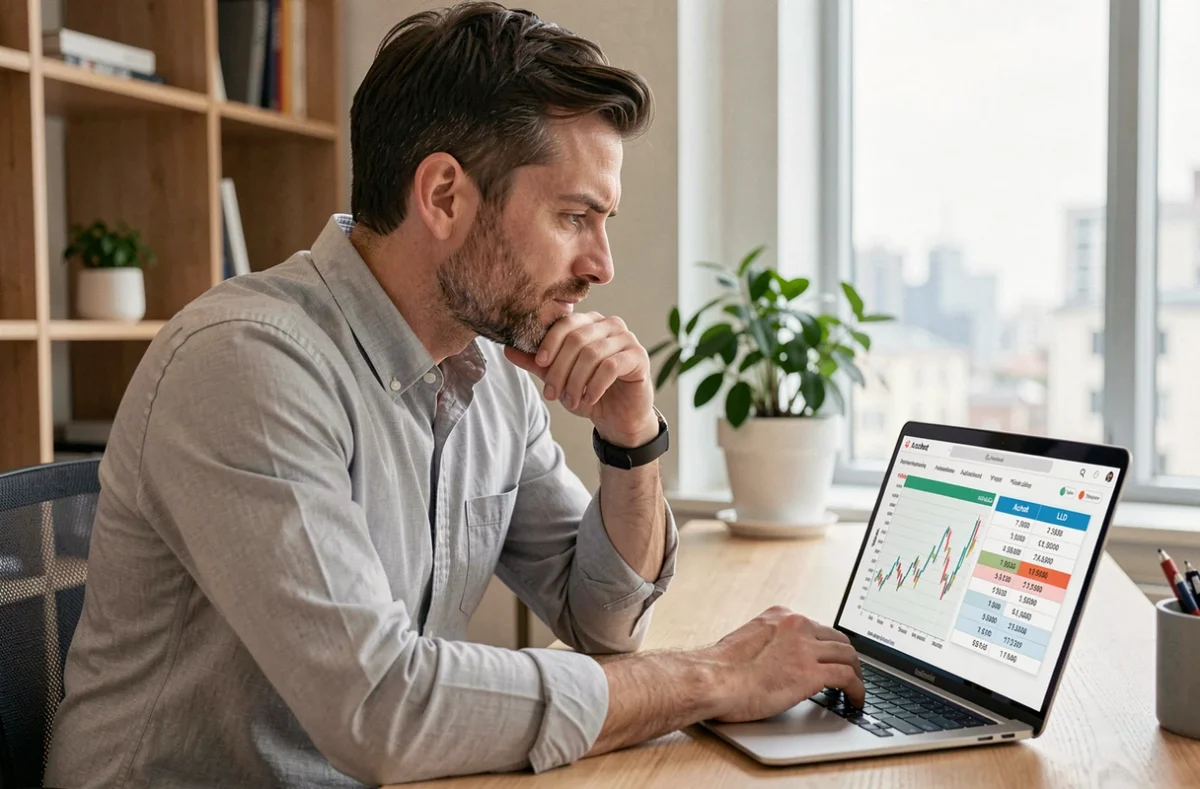 Homme consultant un simulateur TVS 2026 sur ordinateur portable pour comparer achat et LLD de véhicule