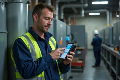 Technicien de maintenance utilisant l'application mobile Twimm sur smartphone devant un équipement industriel