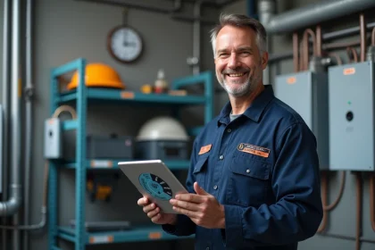 Technicien électricien souriant consultant son tableau de primes sur une tablette dans un atelier professionnel organisé