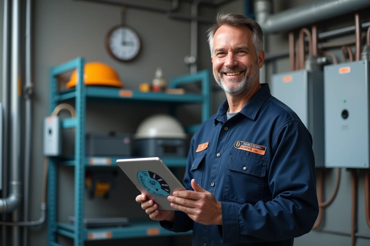 Technicien électricien souriant consultant son tableau de primes sur une tablette dans un atelier professionnel organisé