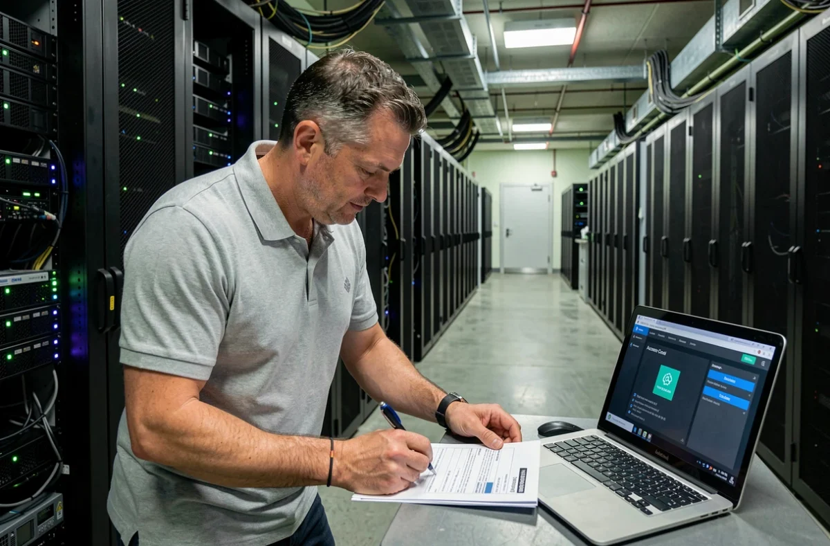 Technicien informatique vérifiant la sécurité des données dans une salle serveur d'entreprise pour le réseau intranet Norauto