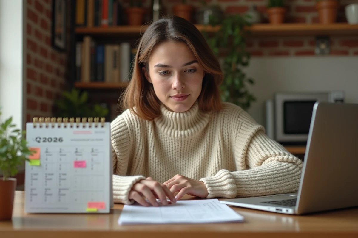 Jeune professionnel en télétravail consultant un calendrier 2026 et un outil de calcul de paie en ligne pour éviter les erreurs sur les jours travaillés