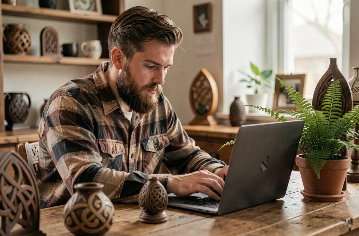 Développeur web barbu de l'agence Toutatis codant sur un ordinateur portable dans un bureau au style rustique avec des éléments décoratifs celtiques
