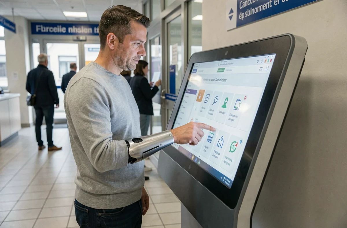 Homme avec prothèse de bras utilisant une borne numérique d'offres d'emploi dans une agence France Travail, illustrant l'accès autonome aux ressources ROME pour les travailleurs handicapés
