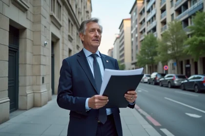 Homme en costume bleu examinant des documents urbains