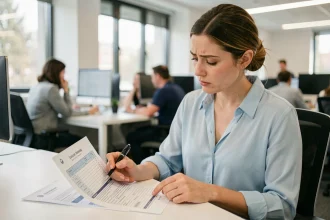 Femme en bureau vérifiant des coordonnées incorrectes sur un formulaire papier avec un stylo