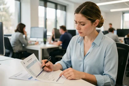 Femme en bureau vérifiant des coordonnées incorrectes sur un formulaire papier avec un stylo