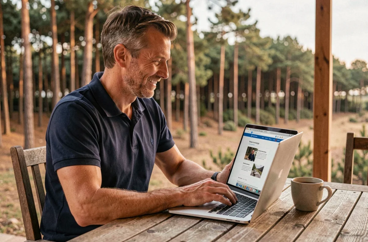 Consultant web de Websidelandes travaillant sur un prototype de site sur une terrasse avec une forêt de pins des Landes en arrière-plan