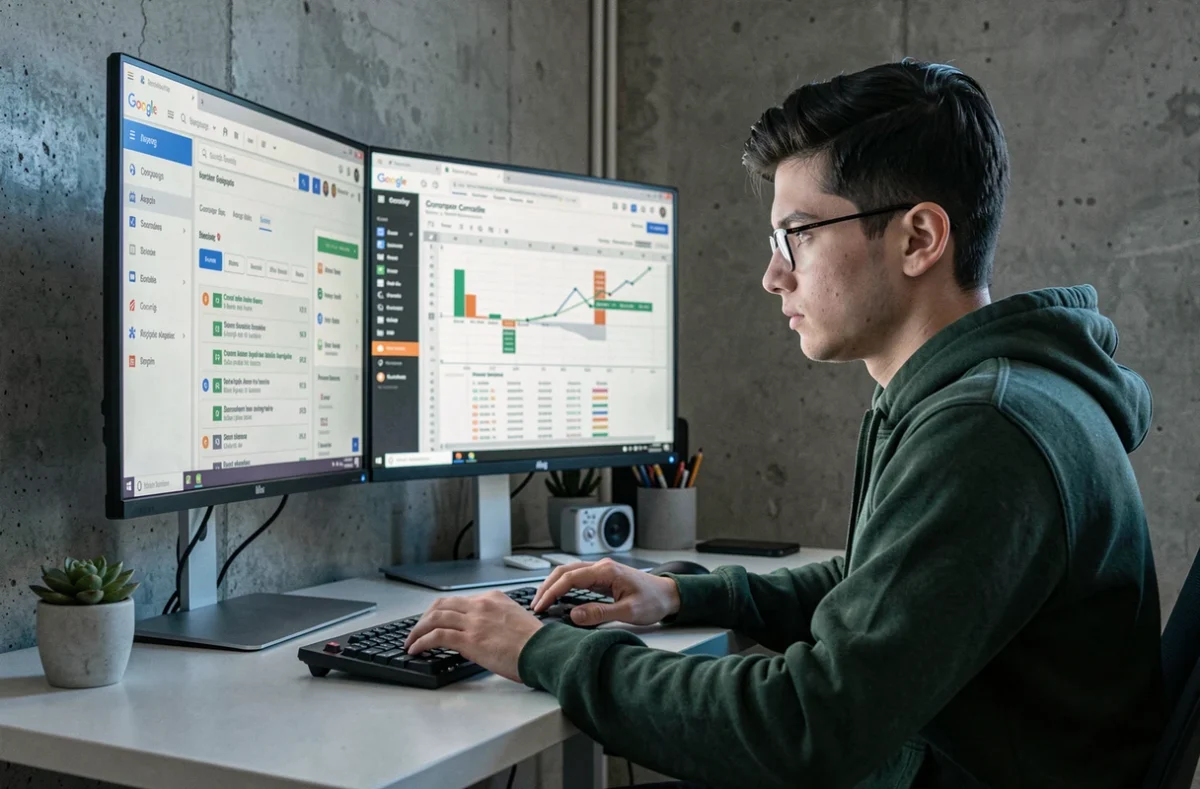 Spécialiste SEO de Yohseo travaillant sur une analyse approfondie de mots-clés et de positionnement Google